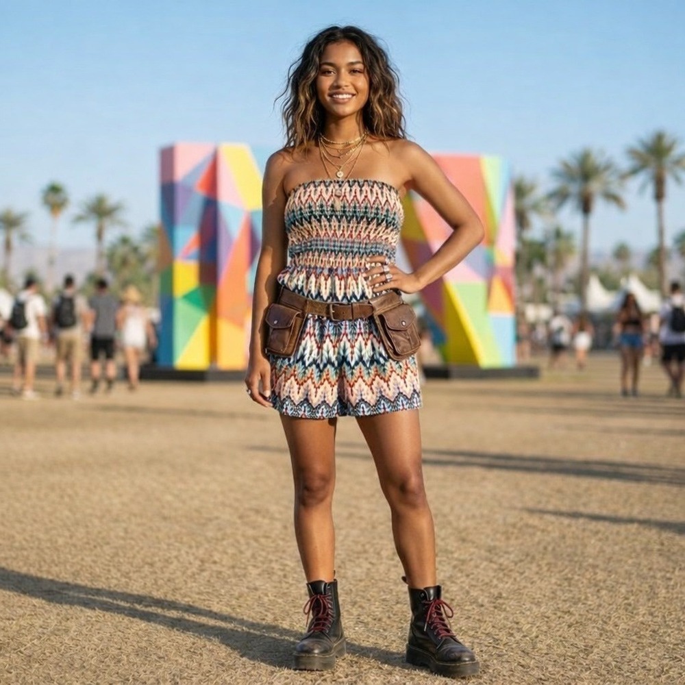 Wet Seal Y2K Strapless Romper Small Graphic Smocked Boho Festival‎ Indie Sleaze